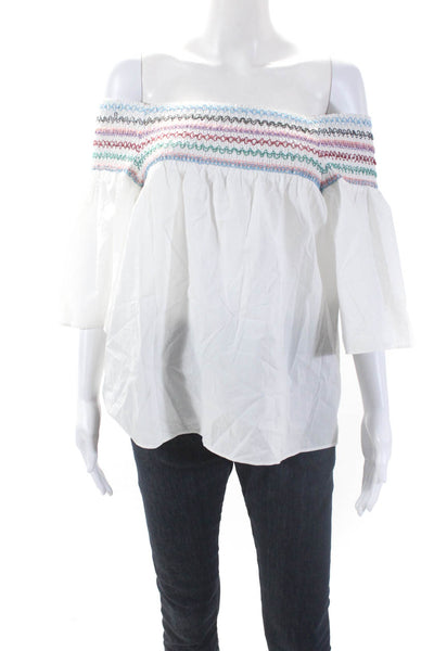 Parker Womens Cotton Smocked Off The Shoulder 3/4 Sleeve Blouse White Size S