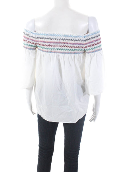 Parker Womens Cotton Smocked Off The Shoulder 3/4 Sleeve Blouse White Size S