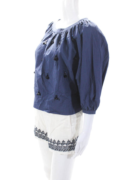 J Crew Womens Cotton Long Sleeve Blouse Dress Shorts Blue White Size S 00 Lot 2
