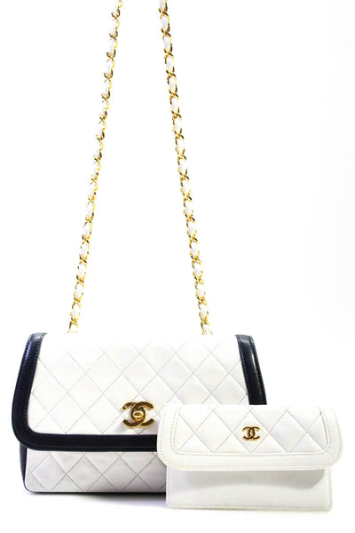 Chanel Womens Quilted CC Turnlock Vintage Flap Handbag White Navy C23070203