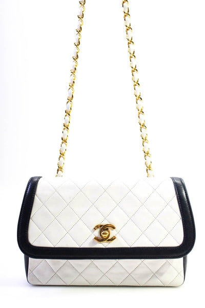 Chanel Womens Quilted CC Turnlock Vintage Flap Handbag White Navy C23070203