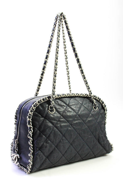 Chanel Womens Double Chain Strap Quilted Lambskin Shoulder Handbag Navy E2305641