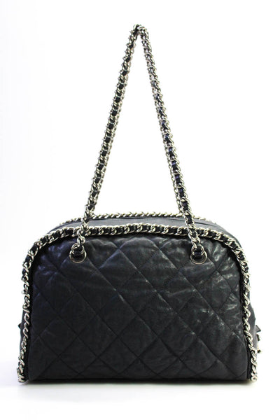 Chanel Womens Double Chain Strap Quilted Lambskin Shoulder Handbag Navy E2305641