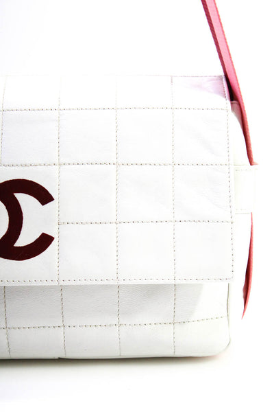 Chanel Womens Logo Strap CC Quilted Sport Chocolate Bar Handbag White Red E23005