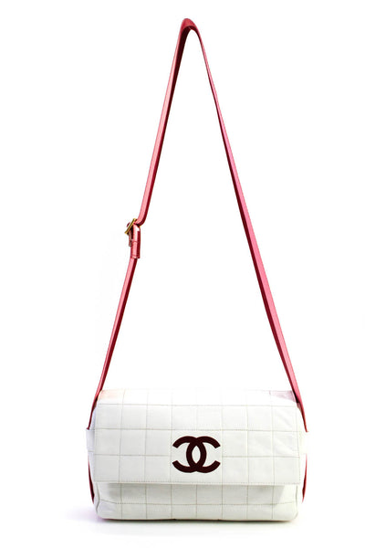 Chanel Womens Logo Strap CC Quilted Sport Chocolate Bar Handbag White Red E23005