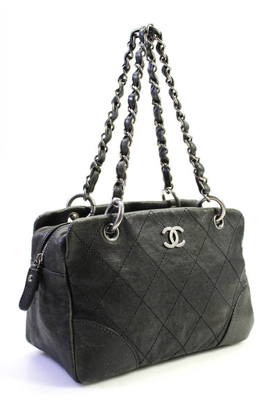 Chanel Womens Caviar Leather Quilted CC Double Chain Handbag Black E2300376