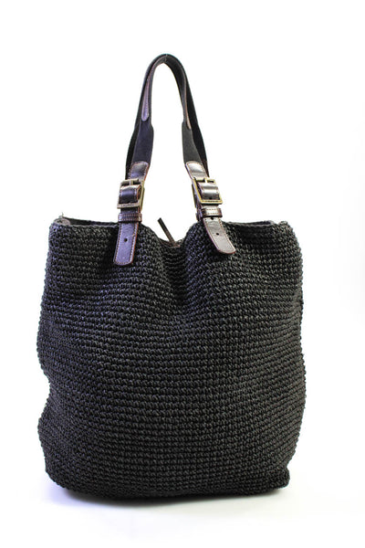 Lauren Ralph Lauren Women's Top Handle Gold Hardware Straw Handbag Black Size M