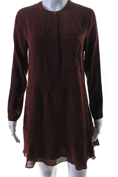 A.L.C. Womens Silk Round Neck Long Sleeve Button Up Dress Burgundy Size 4