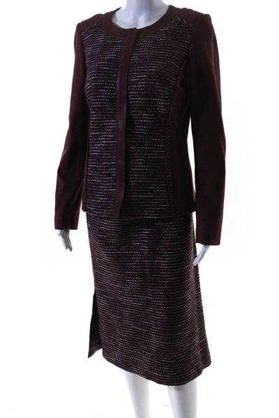 Lafayette 148 New York Womens Metallic Striped Skirt Suit Burgundy Size 8 10