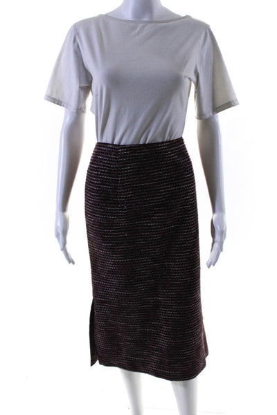 Lafayette 148 New York Womens Metallic Striped Skirt Suit Burgundy Size 8 10