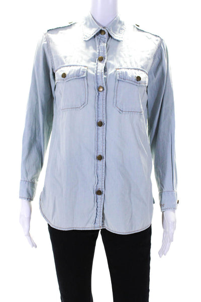 Current/Elliott Womens Cotton Denim Long Sleeve Button Up Blouse Top Blue Size 0