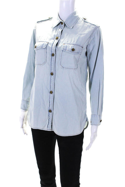 Current/Elliott Womens Cotton Denim Long Sleeve Button Up Blouse Top Blue Size 0