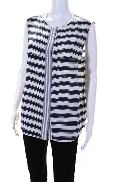 Equipment Femme Womens Button Front Striped Silk Top White Navy Size Medium