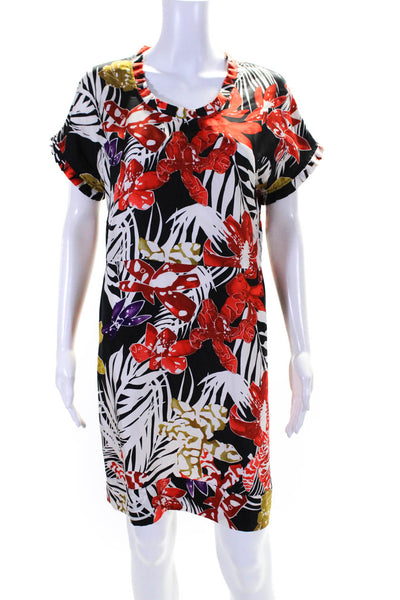 See by Chloe Womens Short Sleeve Scoop Neck Floral Silk Dress Black White Red 6