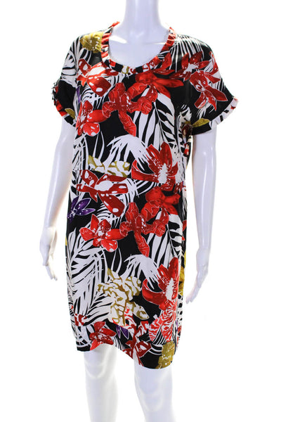 See by Chloe Womens Short Sleeve Scoop Neck Floral Silk Dress Black White Red 6