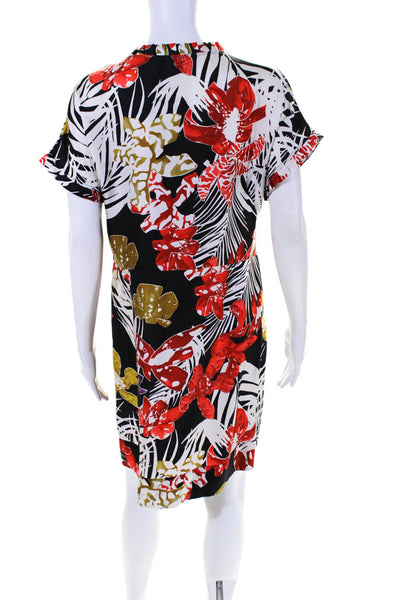 See by Chloe Womens Short Sleeve Scoop Neck Floral Silk Dress Black White Red 6