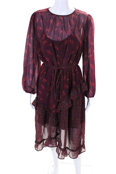 Senlis Womens Fuschia Floral Sheer Long Sleeve Lined A-Line Dress Size S