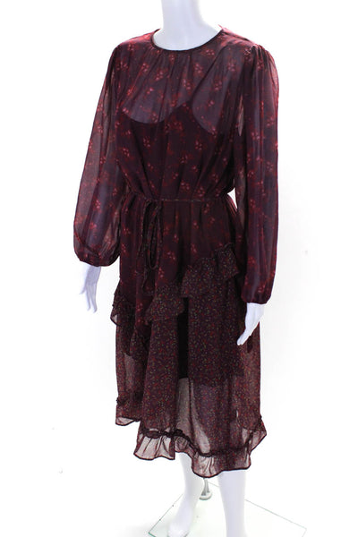 Senlis Womens Fuschia Floral Sheer Long Sleeve Lined A-Line Dress Size S