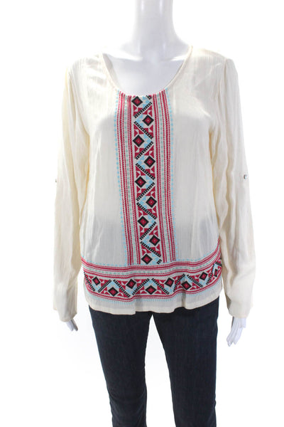 Skies Are Blue Womens Geometric Print Button Long Sleeve Blouse Top Beige Size S