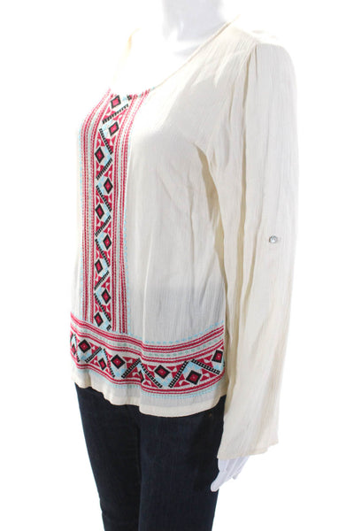 Skies Are Blue Womens Geometric Print Button Long Sleeve Blouse Top Beige Size S
