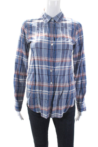 Theory Womens Cotton Plaid Print Buttoned Collared Long Sleeve Top Blue Size P