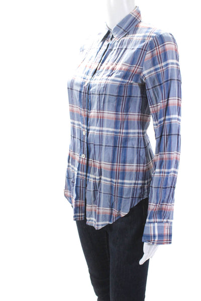 Theory Womens Cotton Plaid Print Buttoned Collared Long Sleeve Top Blue Size P