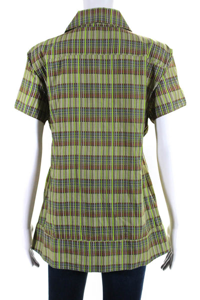Marni Womens Striped Short Sleeved V Neck Collared Blouse Green Brown Size M