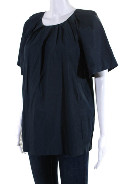 Marni Womens Short Sleeved Pleated Round Neck Zippered Blouse Navy Blue Size 6