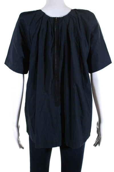 Marni Womens Short Sleeved Pleated Round Neck Zippered Blouse Navy Blue Size 6