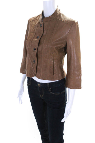June Women's Round Neck Long Sleeves Button Down Leather Jacket Brown Size S