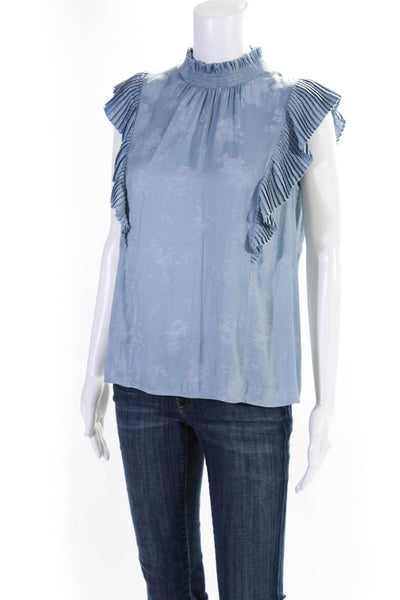 BCBG Max Azria Womens Pleated Trim Short Sleeves Blouse Blue Size Small