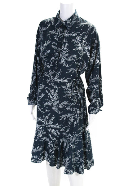 Fleur Sonnet Womens Blue Collar Floral Long Sleeve Shift Dress Size S