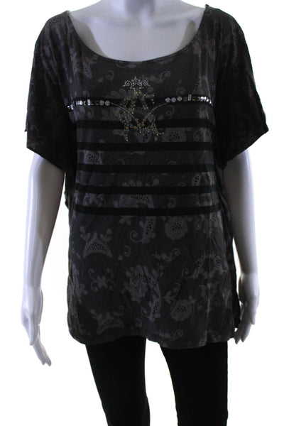 Christian Audigier Womens Brown Printed Studded Oversize Tee Top Size M