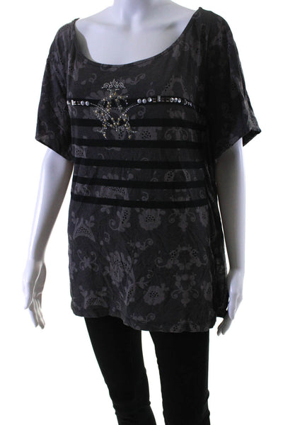 Christian Audigier Womens Brown Printed Studded Oversize Tee Top Size M