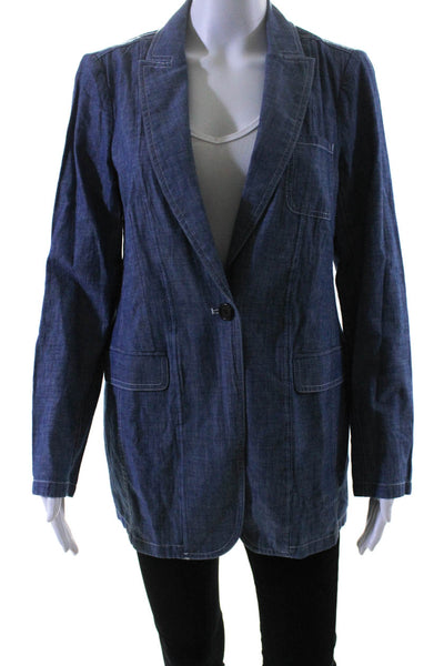 J Crew Womens Cotton V-Neck Collared Button Up Blazer Jacket Blue Size 4