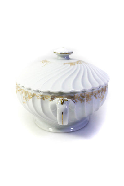 Limoges Haviland White Porcelain Gold Tone Trim Wavy Covered Serving Dish Touree