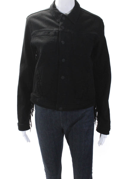 L'Agence Collared Long Sleeves Button Up Fringe Jacket Black Size S