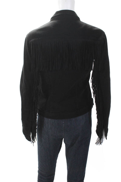 L'Agence Collared Long Sleeves Button Up Fringe Jacket Black Size S