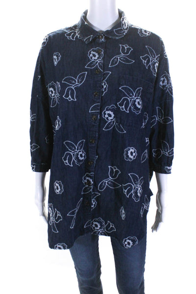 Maeve Anthropologie Womens Embroidered Button Down Shirt Blue White Size MP/ LP