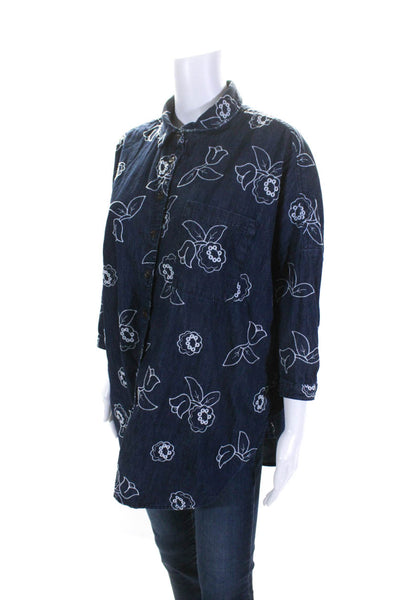 Maeve Anthropologie Womens Embroidered Button Down Shirt Blue White Size MP/ LP