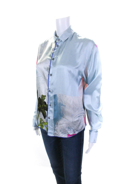 Rohka Womens Button Front Collared Astronaut Satin Shirt Blue Size Medium