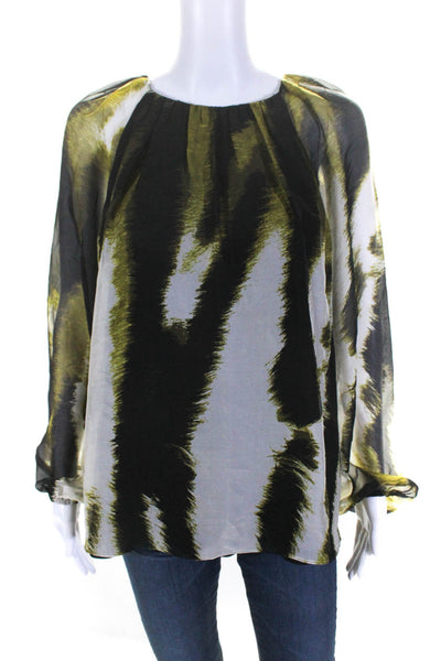 Monique Lhuillier Womens Silk Striped Long Sleeves Blouse Green Black Size 12