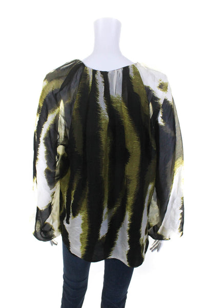 Monique Lhuillier Womens Silk Striped Long Sleeves Blouse Green Black Size 12