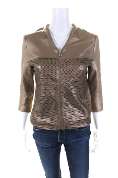 Bagatelle Womens Leather V Neck Long Sleeved Zippered Jacket Gold Tone Size S