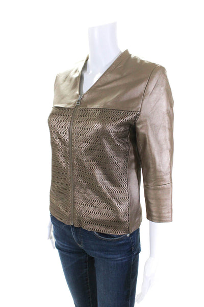 Bagatelle Womens Leather V Neck Long Sleeved Zippered Jacket Gold Tone Size S