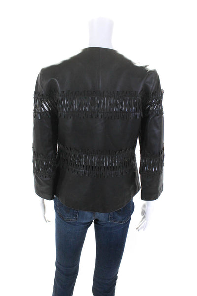 Lafayette 148 New York Womens Leather Woven Cutout Jacket Dark Brown Size 4