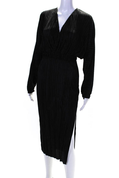 Asos Womens Long Sleeve V Neck Pleated Midi Satin Dress Black Size 0