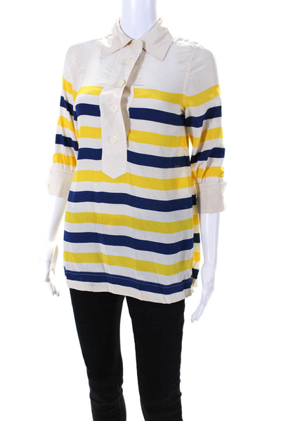 Marc By Marc Jacobs Womens 3/4 Sleeve Striped Silk Shirt White Navy Yellow 0
