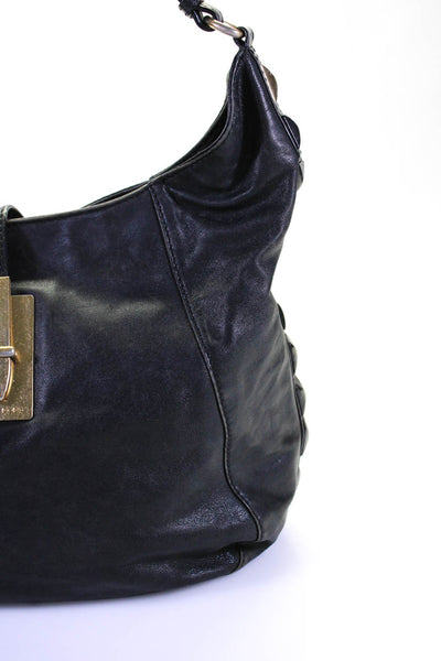 Michael Kors Womens Leather Gold Tone Buckle Hobo Shoulder Handbag Black