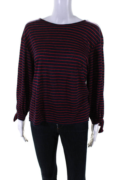 Joie Womens Linen Striped Print Tied Long Sleeve Round Neck Top Navy Size S
